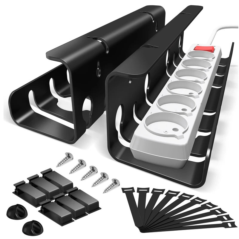 2-Pack Under Desk Cable Management Tray, Metal Mesh Cable Organizer with Clamp Mount for Home Office, Grid Cost-Effective Wire Management System - Black