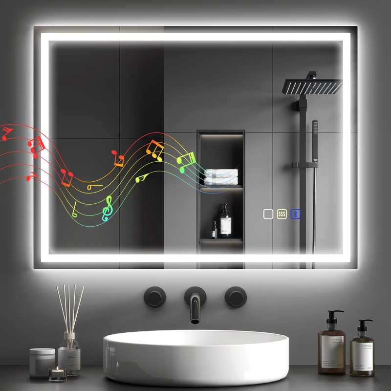 HOMCOM 600 x 800 mm Bluetooth LED Bathroom Mirror, Illuminated Backlit Vanity Mirror with 3 Colours Dimmable, Anti-Fog, Memory Function, Touch Sensor, IP44