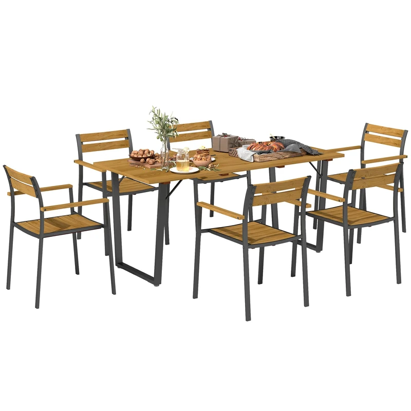 Outsunny 7 Piece Garden Dining Set, Fir Wood Garden Furniture Set with Rectangle Table and 6 Stackable Chairs, Umbrella Hole, Slatted Top and Steel Frame, for Patio Balcony Porch, Brown
