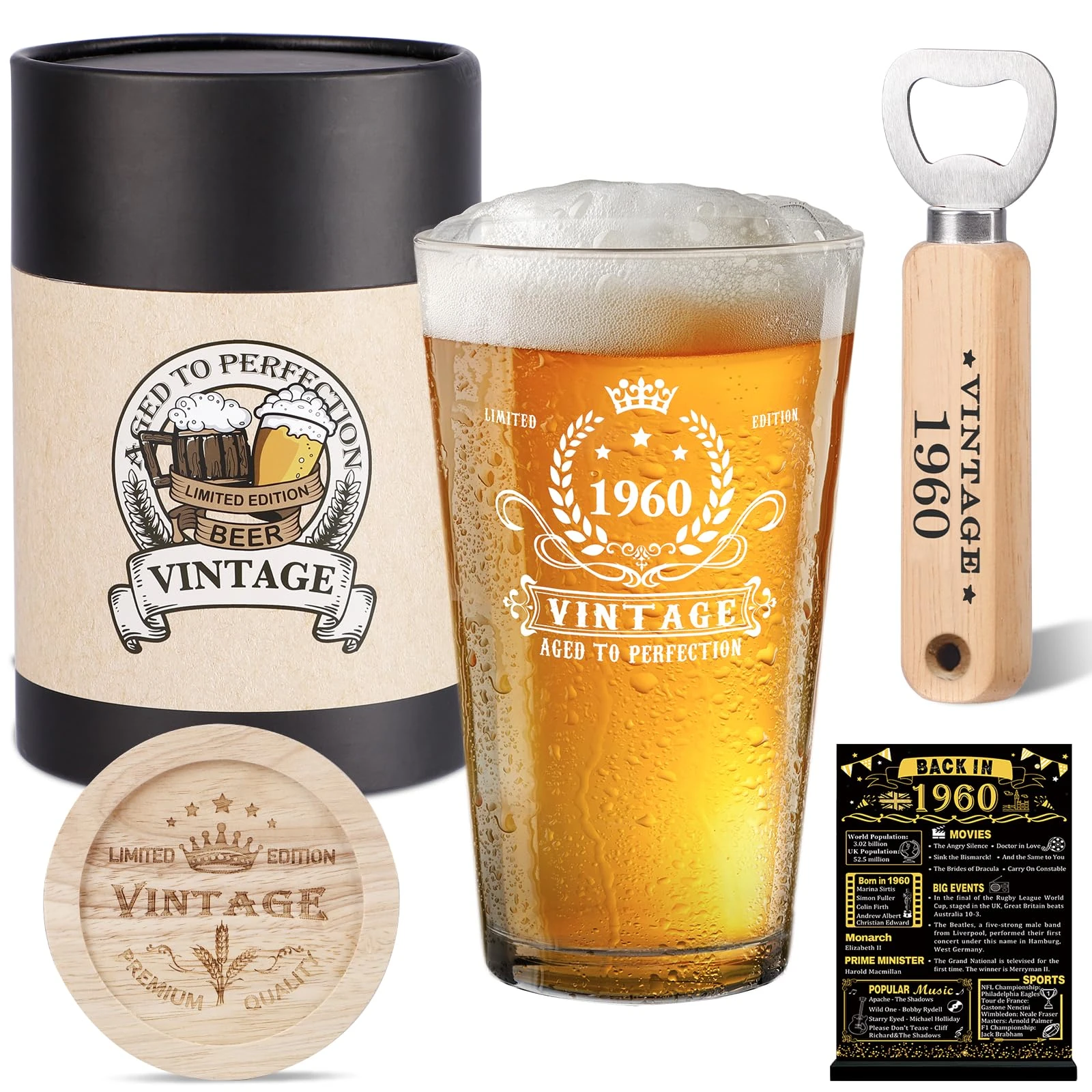 65th Birthday Gifts for Men, Best 65th Birthday Decorations for Men Vintage 1960 Beer Glass, Wooden Coaster, Wooden Bottle Opener, Vintage Beer Gift Box, 1960 Poster Anniversary Card and Greeting Card