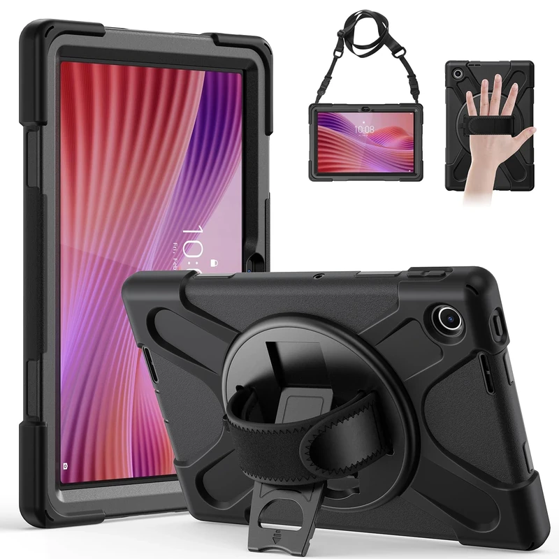 Gerutek Case for Lenovo Tab 10.1 Inch 2025,TB-311FU/TB-311XU Shockproof Rugged Cover with 360 Rotating Stand/Hand Strap, Shoulder Strap Protective Case for Lenovo Tablet 2025 10.1",Black