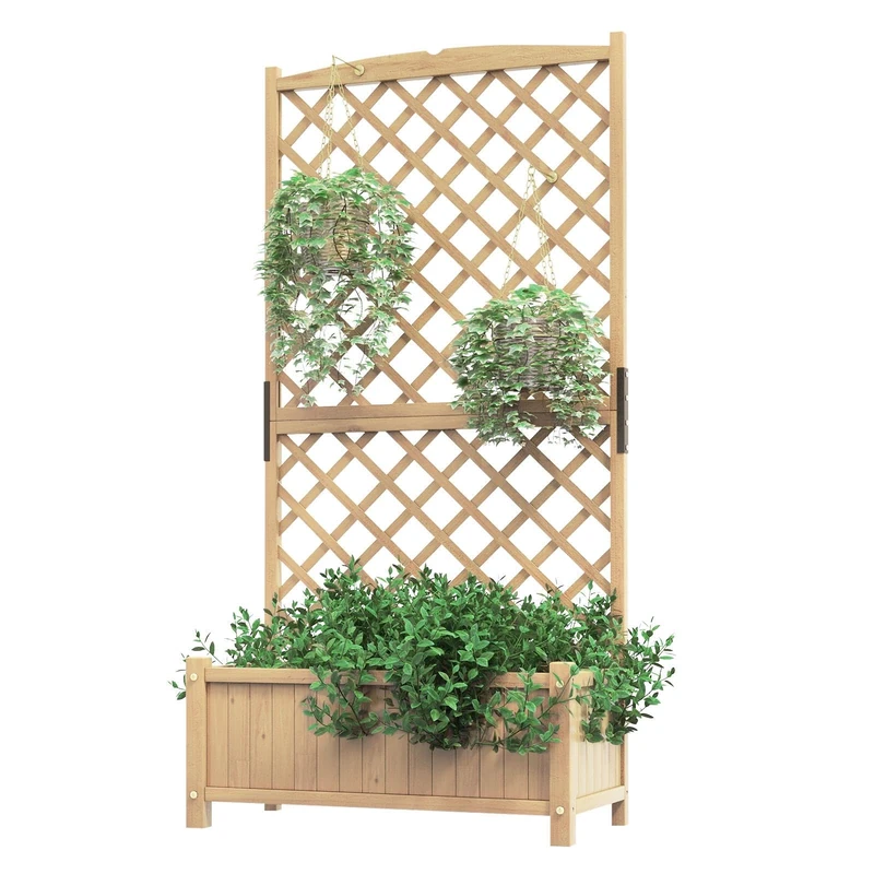 GiantexUK Garden Planter with Trellis, Wooden Raised Bed Climbing Support with Drain Holes, Outdoor Elevated Flower Pots Planting Box for Vegetables Herbs (No Hanging Roof, Light Natural, 90x45x180cm)