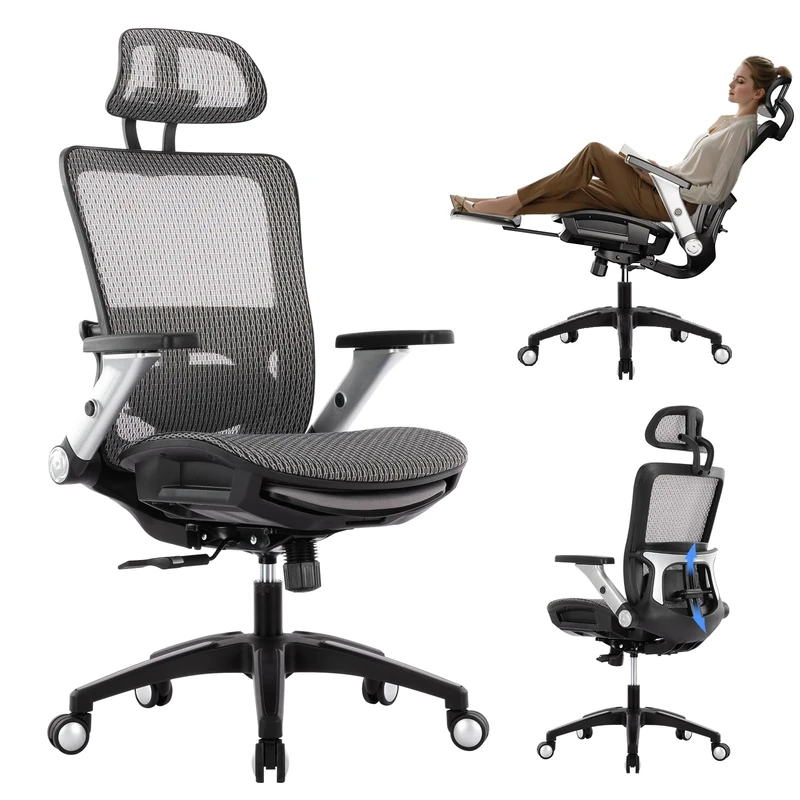 COLAMY Ergonomic Mesh Office Chair with Footrest - High Back Computer Desk Chair with Headrest, 4D Flip-up Armrests, Adjustable Tilt Lock, and Lumbar Support for Ultimate Comfort, Black (Grey)