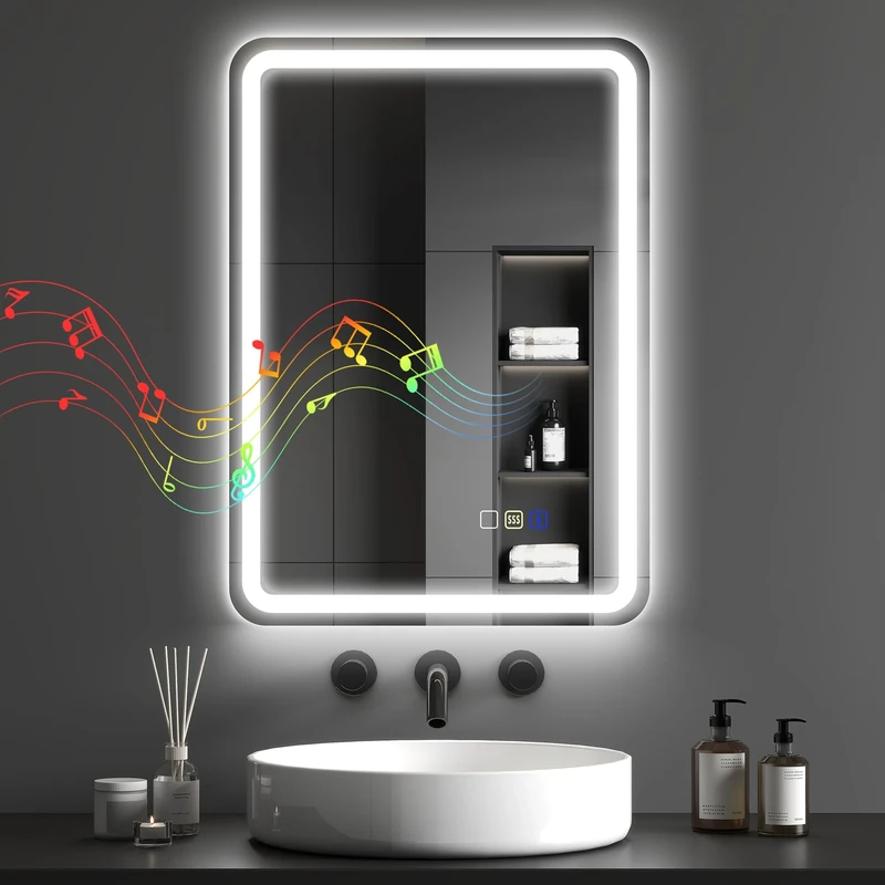 HOMCOM 500 x 700 mm Bluetooth Bathroom Mirror with LED Lights, Illuminated Backlit Wall Mounted Vanity Mirror with 3 Colours Dimmable, Anti-Fog, Memory & Touch Switch, IP44