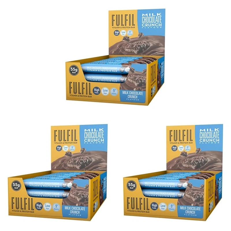 FULFIL Vitamin and Protein Bars (15 x 55 g Bars), Milk Chocolate Crunch Flavour, 20 g High Protein, 9 Vitamins, Low Sugar (Pack of 3)