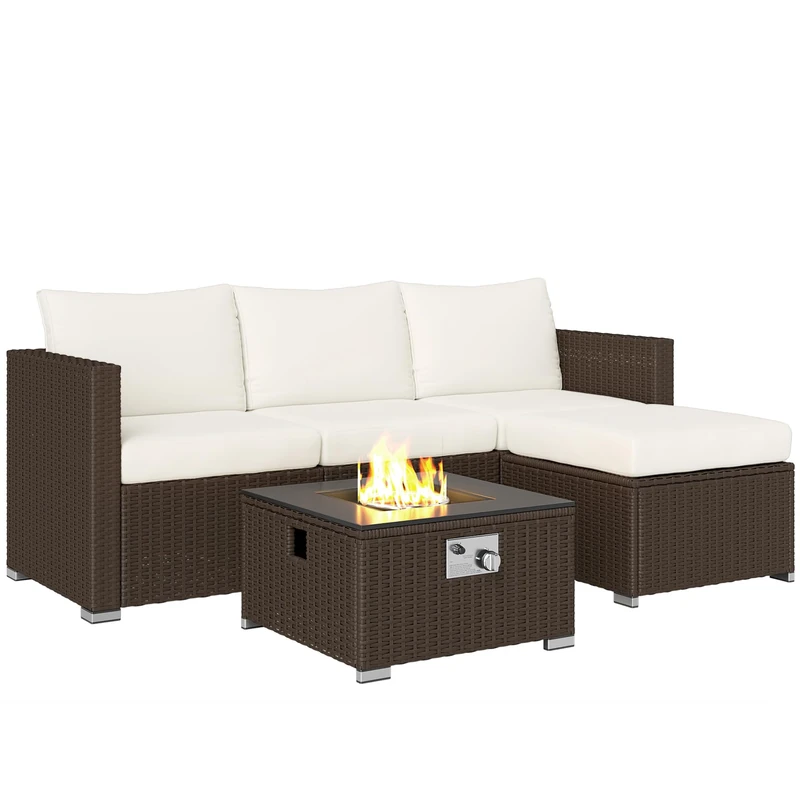 Outsunny 5 Piece Rattan Garden Furniture Set with Gas Fire Pit Table, 4 Seater Outdoor Sectional Sofa Set with Footstool and Removable Cushions, Modular Combination, Brown and Cream White