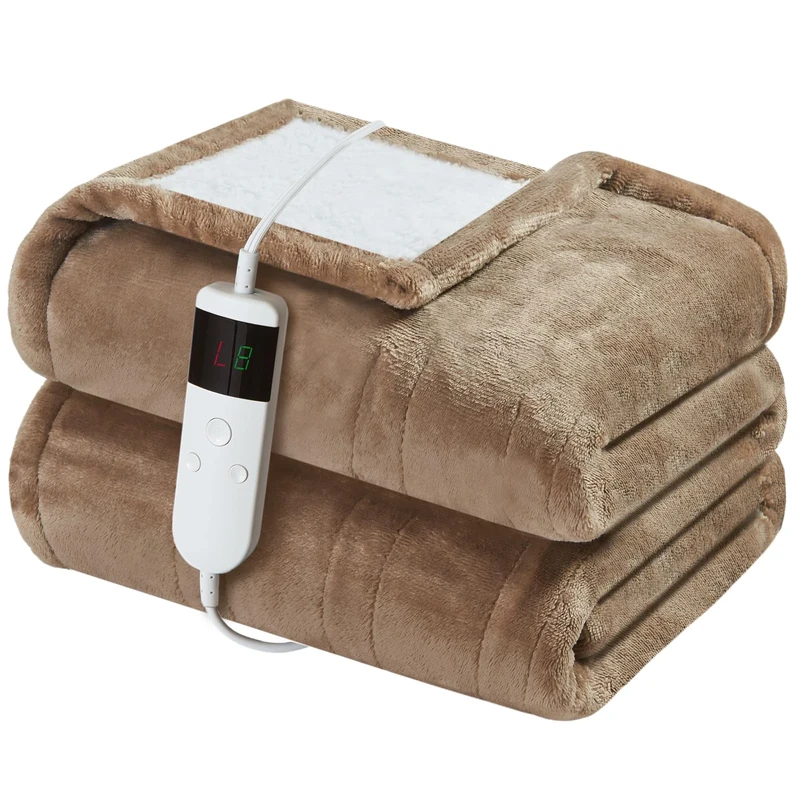 Qieryun Heated Electric Blanket 180x200cm Machine Washable Fleece & Sherpa Heated Blanket, Digital Controller, 10 Heating Settings, Automatically Turn Off After 8 Hours