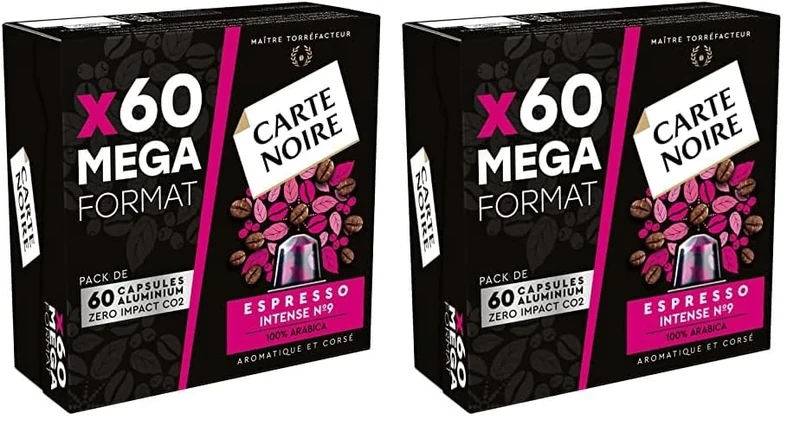 Carte Noire, Espresso Intense, Nespresso Compatible Aluminium Capsules, 2 Pack of 60 Coffee Pods, 100% Arabica, Dried Fruit and Chocolate Notes, Intensity 9/10, Rich and Lasting Taste
