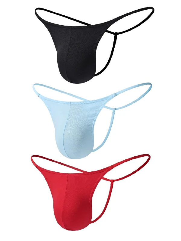 CELESTIX 3 Pcs Men's Cotton Thong G-String Ultimate Lightweight Low Rise Breathable Comfort Underwear Black/Blue/Red (M)