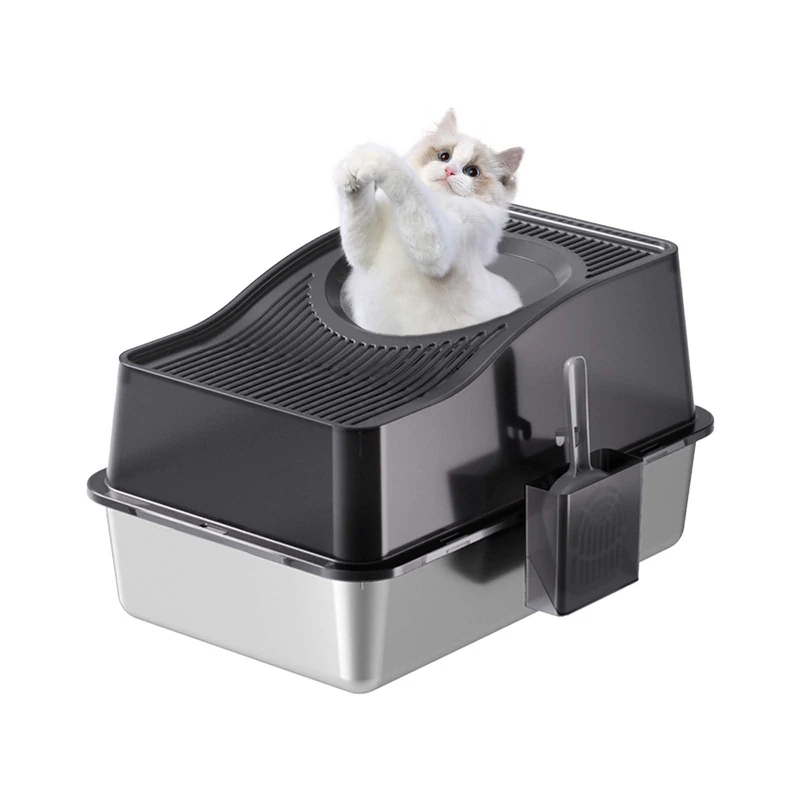 Zstar Stainless Steel Cat Litter Tray Extra Large High Sides Closed Odour-Resistant Large Cat Litter Tray Top Entry Leak Protection Removable for Cats 60 x 40 x 34.5 cm Black