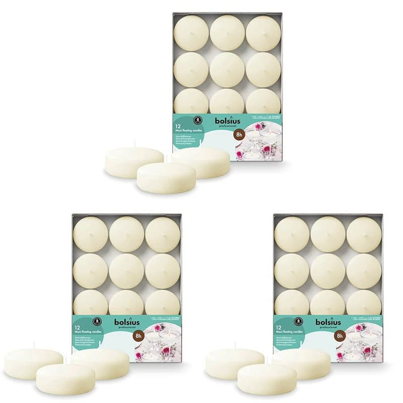 Bolsius - Maxi Floating Candles - Ivory - 12 Pieces in a Box - Ø 7.6 cm - Burning Time 8 Hours - Fragrance-Free - Paraffin Wax - XL Floating Candle - Various Occasions (Pack of 3)