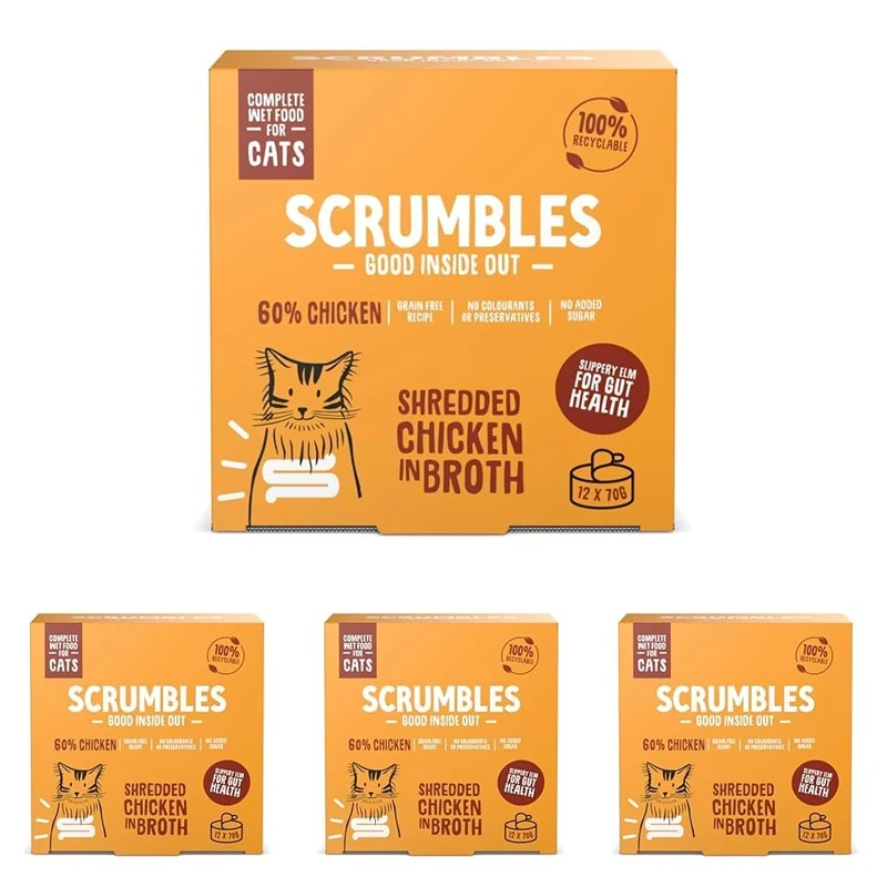 Scrumbles Natural Wet Cat Food, Shredded Chicken in Broth 12x 70g (Pack of 4)
