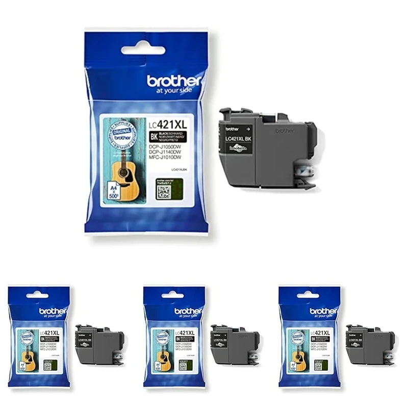 BROTHER LC-421XLBK Inkjet Cartridge, Black, Single Pack, High Yield includes 1 x Inkjet Cartridge, Genuine Supplies (Pack of 4)