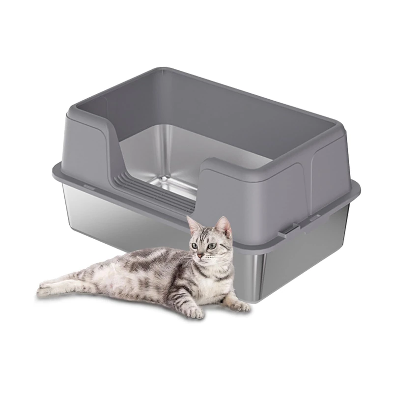 Zstar Stainless Steel Cat Litter Tray with High Side Walls Removable Easy to Clean with Lid 60 x 40 x 31.5 cm Grey