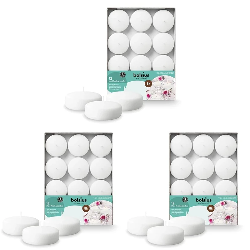 Bolsius - Maxi Floating Candles - White - 12 Pieces in a Box - Ø 7.6 cm - Burning Time 8 Hours - Fragrance-Free - Paraffin Wax - XL Floating Candle - Various Occasions (Pack of 3)