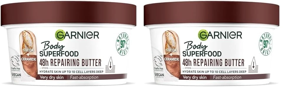 Garnier Body Superfood, Repairing Body Butter, with Cocoa & Ceramide, Body Butter for Very Dry Skin, Vegan Formula, 300ml (Pack of 2)