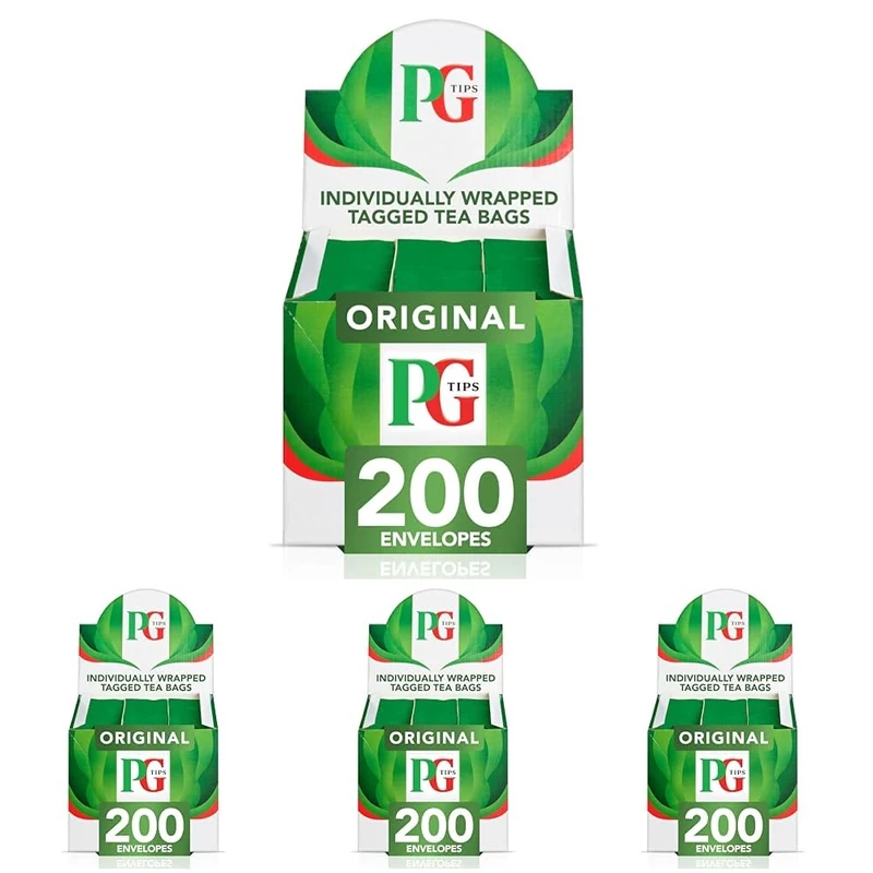 PG Tips Original, Black Tea Bags Bulk, Individually Wrapped String & Tag Teabags, Signature Taste, Refreshing & Flavourful, 200 Plant Based Biodegradable Envelopes (Pack of 4)