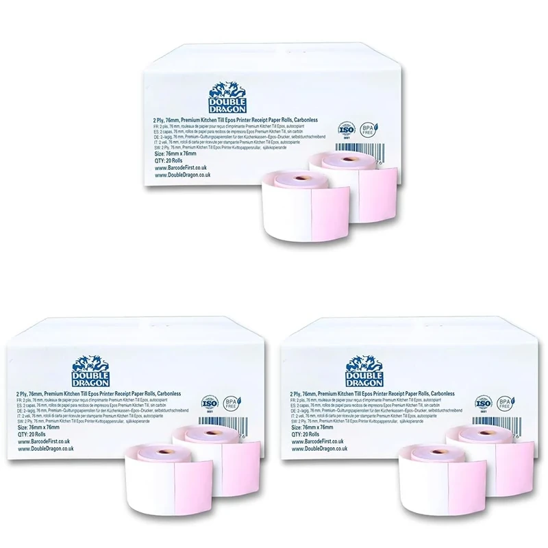 2 Ply, 76mm x 76mm, Carbonless Paper Rolls, Non-Thermal, for Kitchen Printer, Dot Matrix Impact Printer, Non-Thermal Cash Register, Printing Calculator, Till Epos PDQ Receipt Printer. Box of 20 Rolls