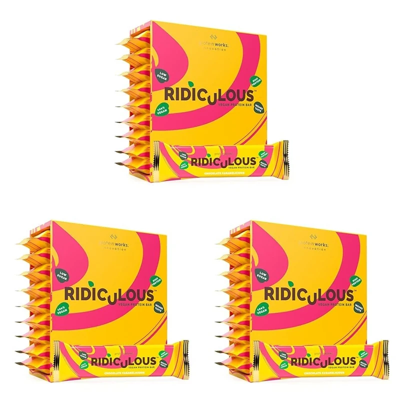 Protein Works - Ridiculous Vegan Protein Bar, Award Winning, 100% Plant Based & Palm Oil Free, High Protein, Chocolate Caramelicious, 9 Bars (Pack of 3)
