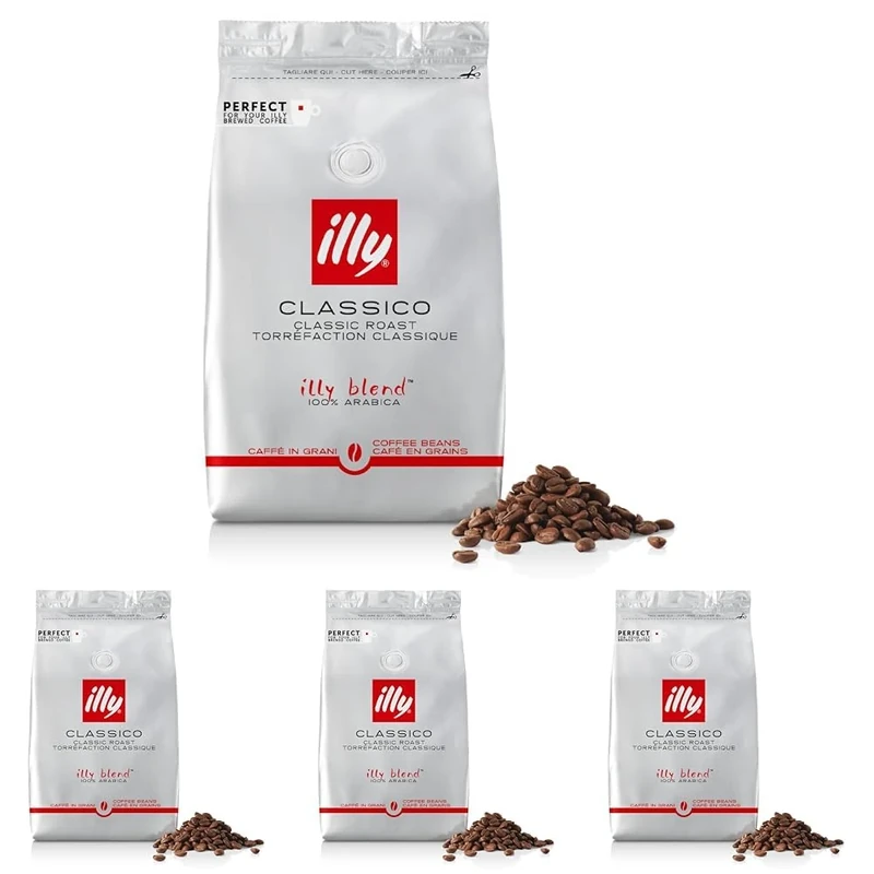 illy Coffee - Classico Coffee Beans - Medium Roast - 100% Arabica Coffee Beans - Whole Beans - Ideal for Moka Pots, Filter Coffee, Espresso and Lungo Coffees - 500g Refill Pouch (Pack of 4)
