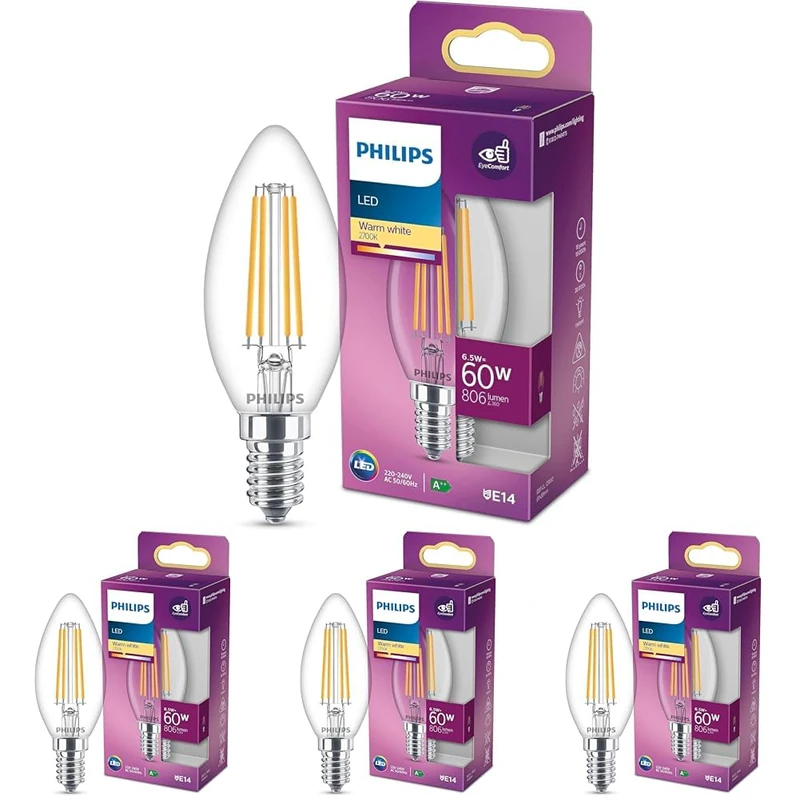 Philips LED Premium Classic B35 Candle Light Bulb [E14 Small Edison Screw] 6.5W - 60W Equivalent, Warm White (2700K), Non Dimmable (Pack of 4)