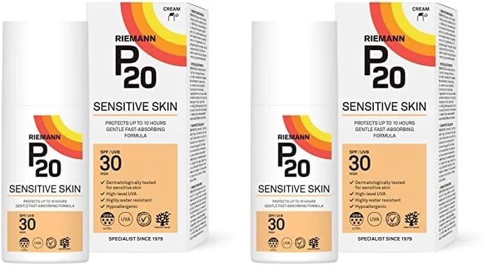 RIEMANN P20 SPF30 Sensitive Sun Cream 200ml, High Level UVA Protection for up to 10 Hours, Allergy Certification, Water Resistant, Durable & Long Lasting, Sweat Resistant (Pack of 2)