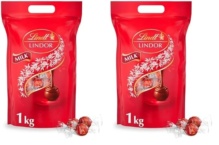 Lindt Lindor Milk Chocolate Truffles Bag - Approx 80 balls, 1kg - Chocolate Truffles with a Smooth Melting Filling - Gift Present or Sharing Box - Easter, Birthday, Congratulations (Pack of 2)