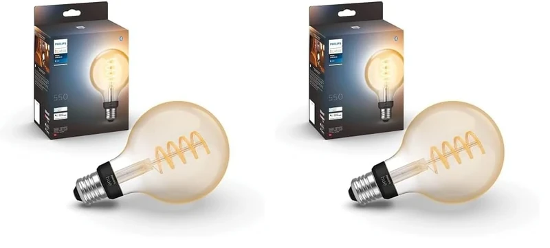 Philips Hue White Ambiance Filament Single Smart LED Globe [E27 Edison Screw] - 550 Lumens. Works with Alexa, Google Assistant and Apple Homekit (Pack of 2)