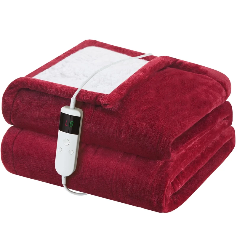 Qieryun Heated Electric Blanket 180x200cm Machine Washable Fleece & Sherpa Heated Blanket, Digital Controller, 10 Heating Settings, Automatically Turn Off After 8 Hours