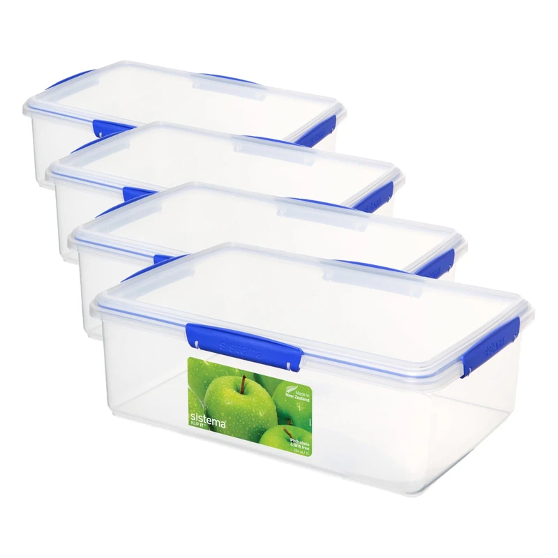Sistema KLIP IT Food Storage Container | 7 L | Stackable & Airtight Fridge/Freezer Food Box with Lid | BPA-Free Plastic | Blue Clips | 1 Count (Pack of 4)