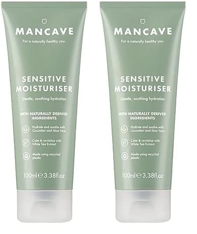 ManCave Sensitive Moisturiser 100ml for Men, Moisturise and nourish Skin with Aloe Vera & Shea Butter, Dermatologically Tested, Hydrating and Soothing properties, Natural Formulation, Vegan Friendly