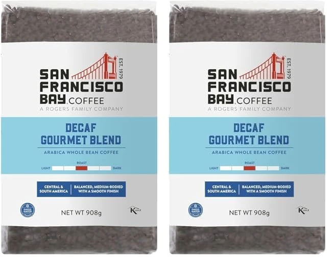 San Francisco Bay Decaf Gourmet Blend Whole Bean Coffee, 908g – Medium Roast 100% Arabica – Swiss Water Decaffeinated – Freshly Roasted in the UK (Pack of 2)