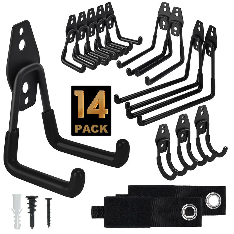 TECHSHARE Garage Hooks, 14 Pack Hook for Hanging Heavy Duty, 4 Sizes Shed Hooks for Garden Tools, Strimmer, Garage Storage(Black)