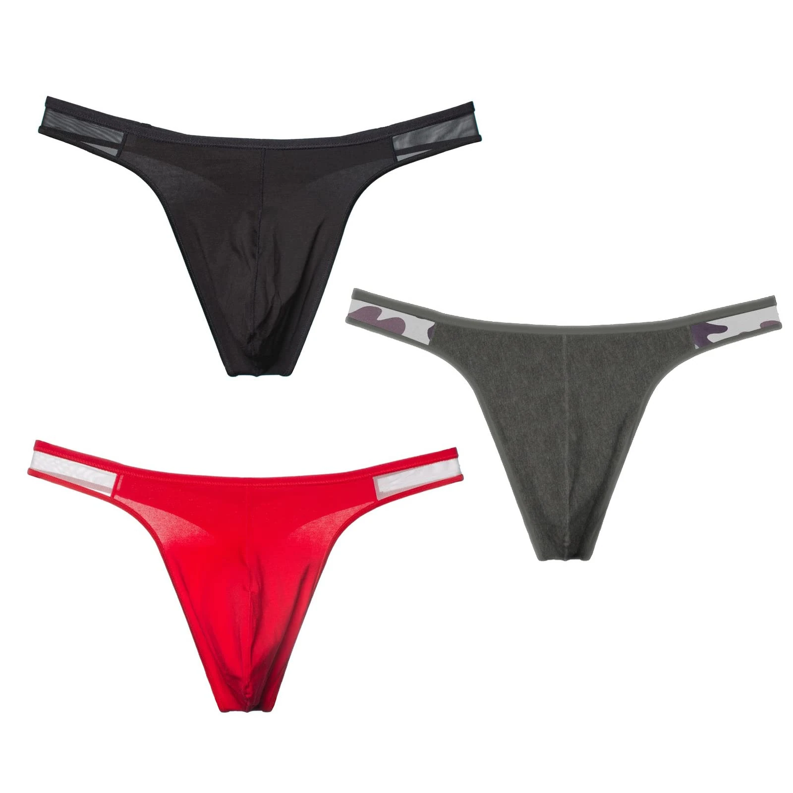 CELESTIX 3 Pcs Men's Cotton Thong - Sexy Low Rise G-String T-Back for Sports Black/Grey/Red((L)