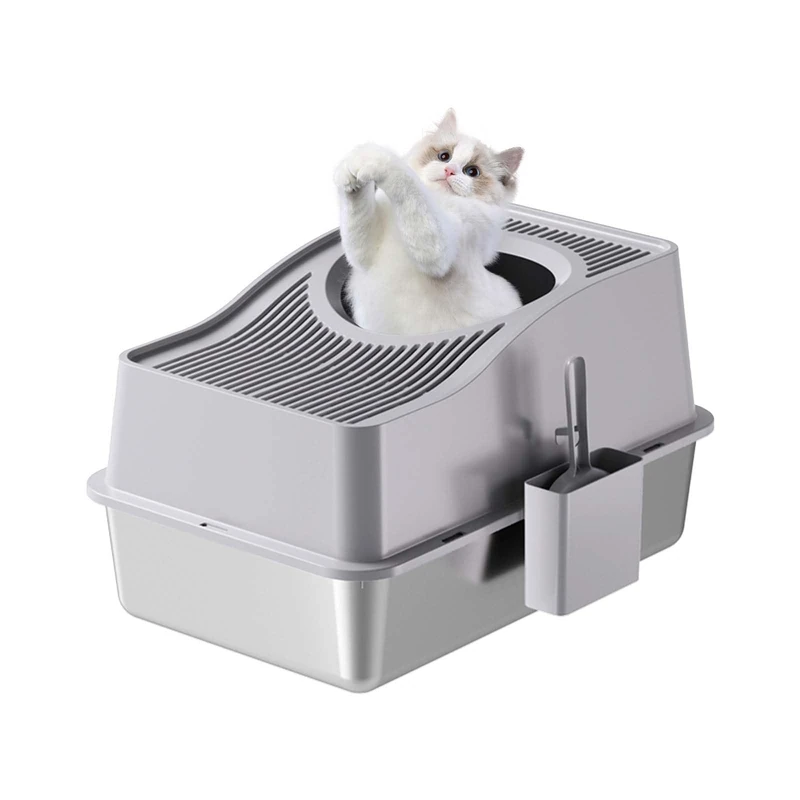 Zstar Stainless Steel Cat Litter Tray Extra Large High Sides Closed Odour-Resistant Large Cat Litter Tray Top Entry Leak Protection Removable for Cats 60 x 40 x 39.5 cm Grey - Image 1