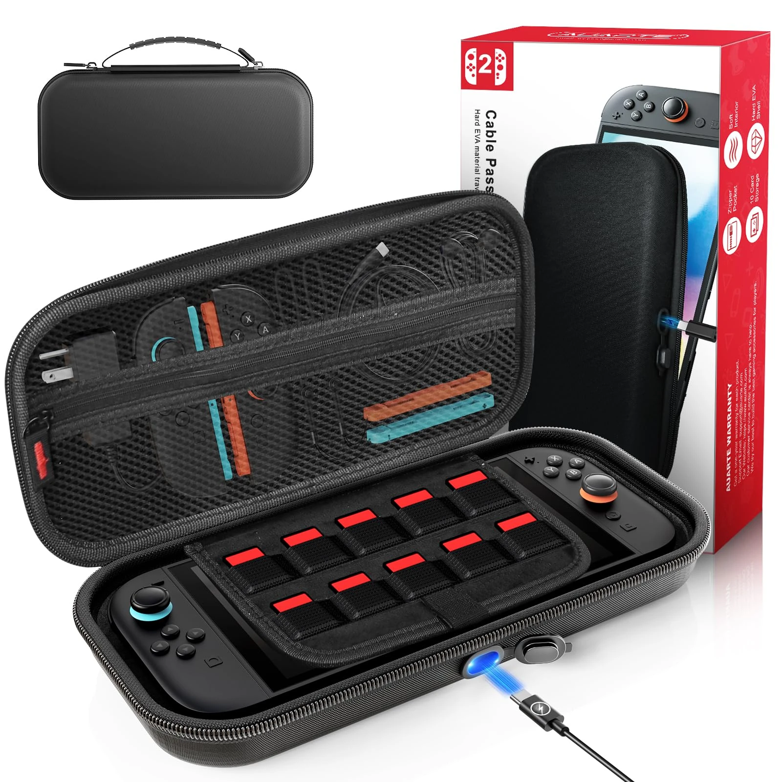 [Charge Inside] Case for Nintendo Switch 2 2025, Portable Travel Carry Case with Charging Hole and 10 Game Cartridges, Protective Hard Shell Carrying Pouch for Switch 2 Console & Accessories, Black