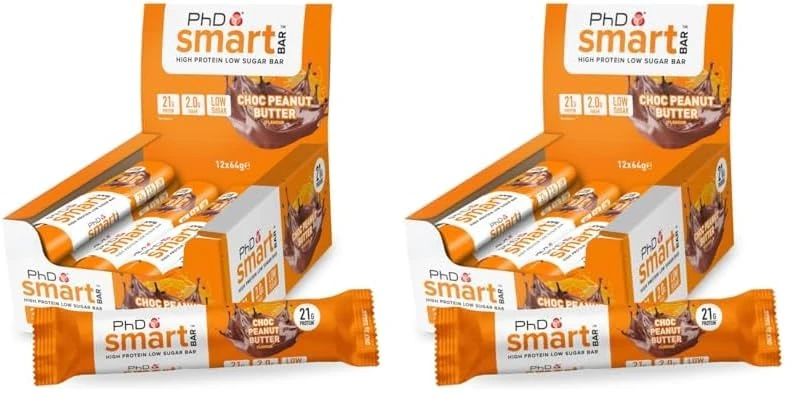 PhD Nutrition Smart Protein Bar Low Calorie, Nutritional Protein Bars/Protein Snacks, High Protein Low Sugar, Chocolate Peanut Butter Flavour, 20g of Protein, 64g Bar (24 Pack)