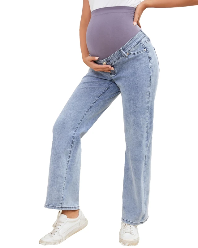JIMYICLR Maternity Jeans for Women Straight Leg Over Belly Stretchy Pregnancy Denim Pants Comfy Maternity Pants with Pockets, Light Blue, Large