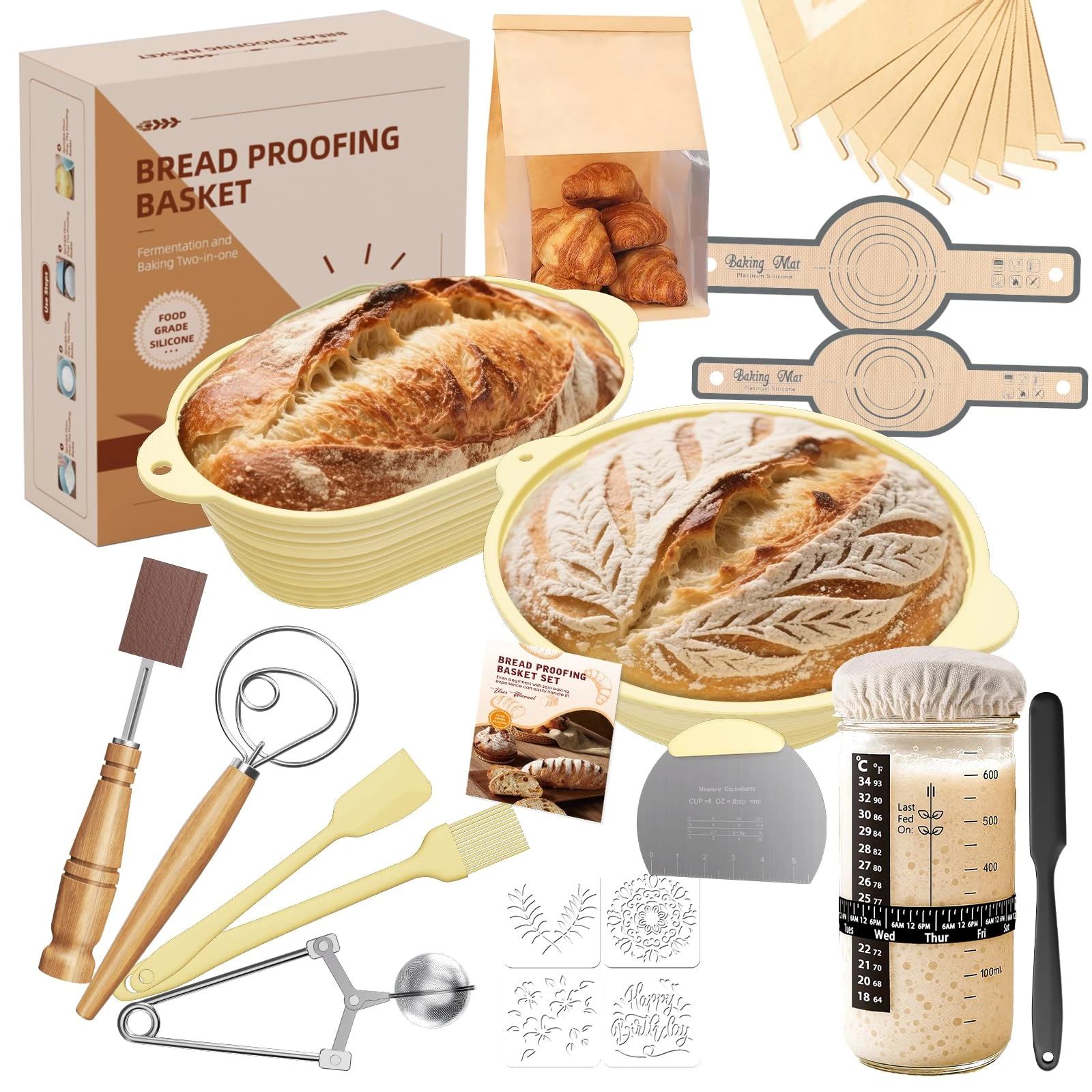 30Pcs Sourdough Starter Kit, 28cm Round & 29cm Oval Silicone Bread Proofing Basket,730ml Starter Jar,Easy to Fold and Washable,Microwave-Safe,Ideal for Home Bakers, Baking Enthusiasts and Beginners
