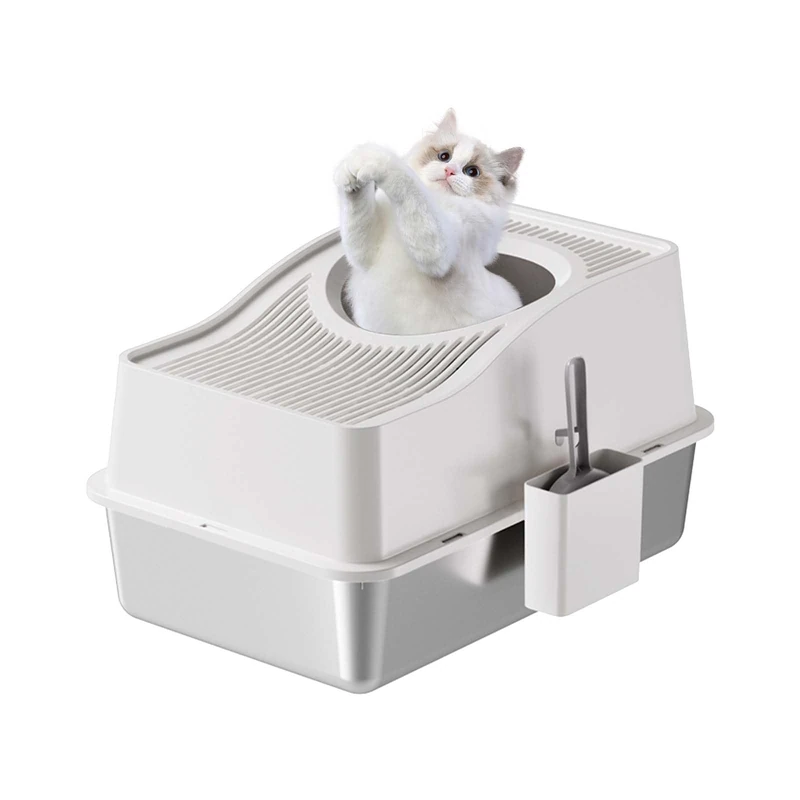GarveeMore Stainless Steel Cat Litter, XXL Closed Cat Litter Tray, Open Top Odour Control, Leak-Proof with Removable Toilet Houses for Cats, 60 x 40 x 39.5 cm, White - Image 1