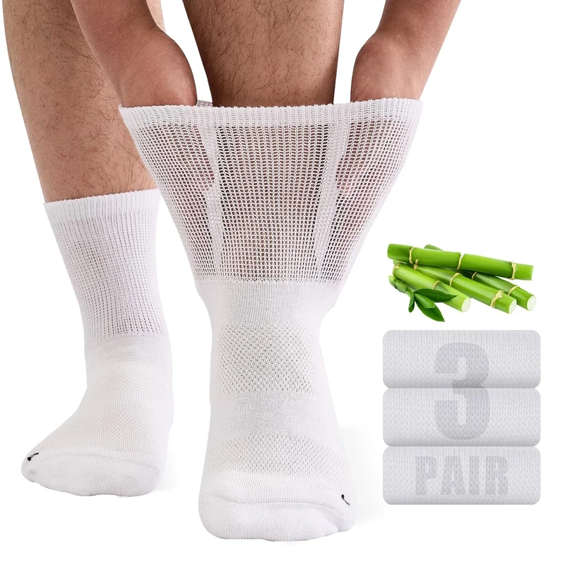 SukModen Bamboo Diabetic Socks for Men, Soft Top Cushioned Seamless Socks for Swollen Feet and Ankles, Loose Top Hospital Socks 9-11 White