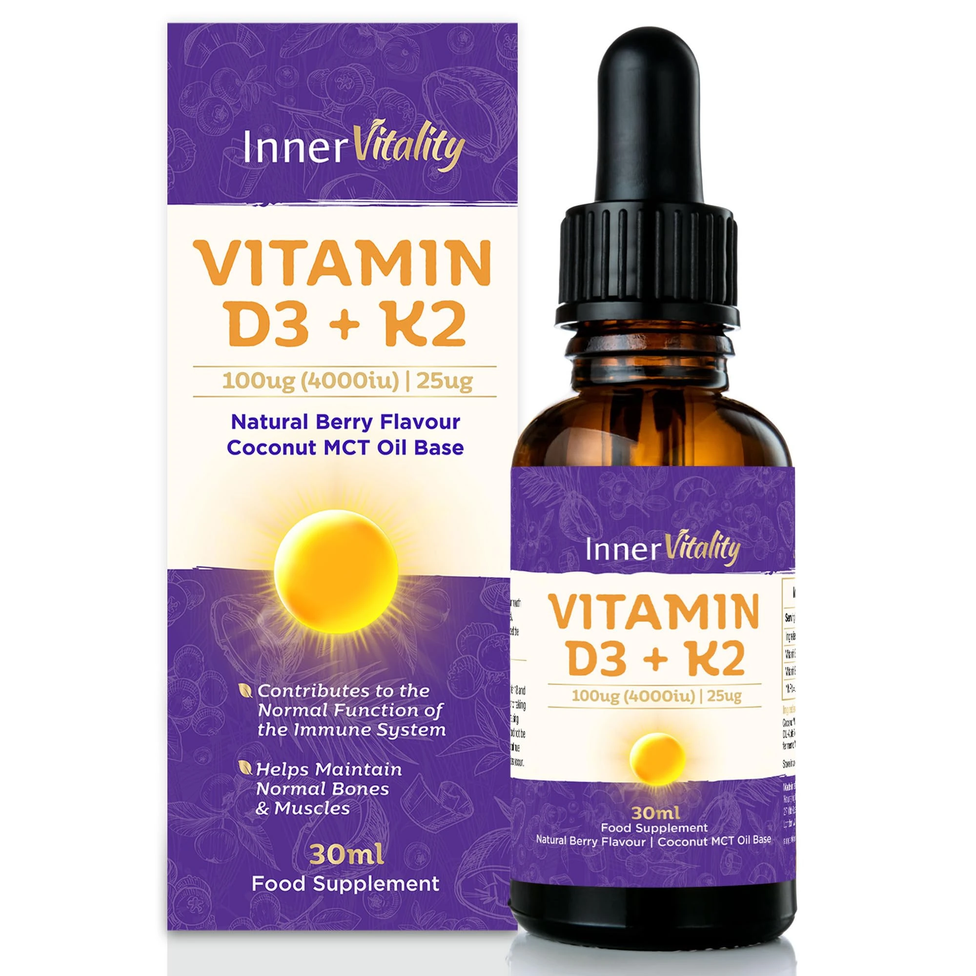 Vitamin D3 K2 Drops 4000iu Fast Absorbing MCT Oil for Immunity & Bones, 5-Month Supply High Strength Natural Berry Flavour Supplement for Adults & Kids 30ml
