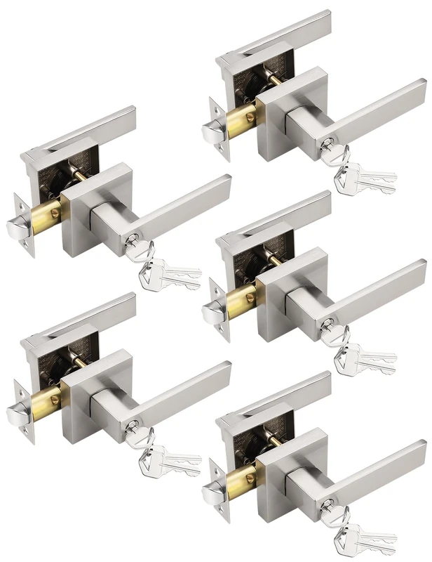 Tinewa 5 Pack Entry Door Levers with Lock and Key, Brushed Nickel Keyed Alike Lockset Combo Pack, Entrance Door Handles for Office and Front Door, Door Knobs Lockset (Each with 3 Keys)