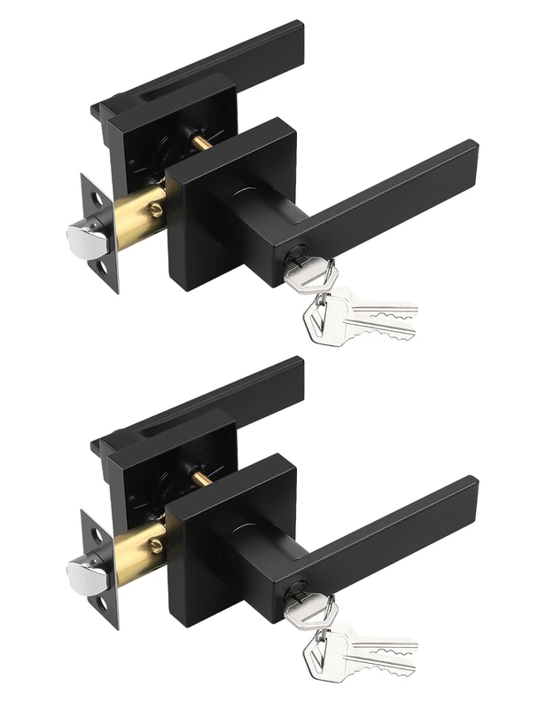 Tinewa 2 Pack Square Entry Door Levers with Lock and Key, Matte Black Entrance Door Handles, for Exterior or Interior Doors, Bedroom, Office, Hotel (Each with 3 Keys)