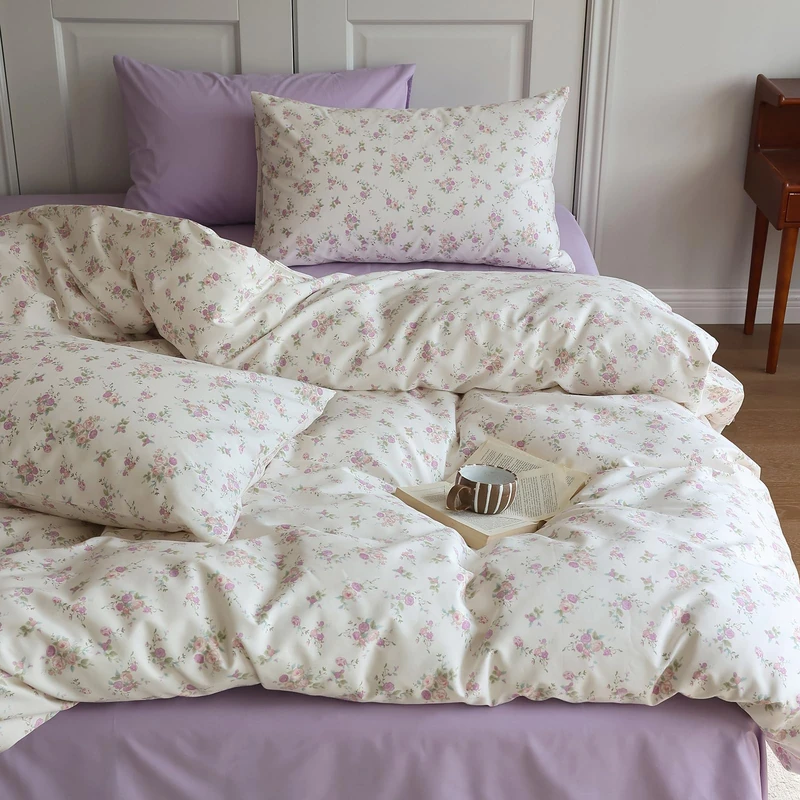 LifeTB Botanical Floral Comforter Set Twin XL Cute Garden Floral Bedding Comforter with 2 Pillowcases Soft Fluffy Pink Purple Flowers Comforter Vintage Style Botanical Comforter Set for Girls Women