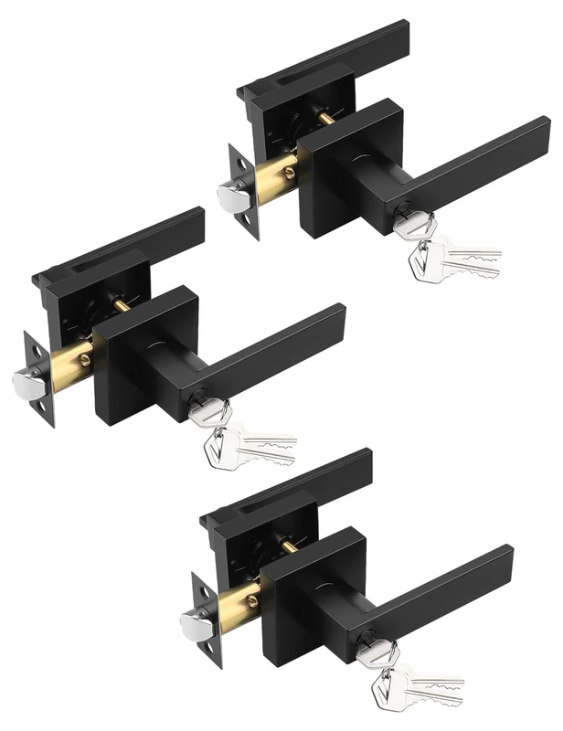 Tinewa 3 Pack Entry Door Levers with Lock and Key, Matte Black Keyed Alike Lockset Combo Pack, Entrance Door Handles for Office and Front Door, Door Knobs Lockset (Each with 3 Keys)