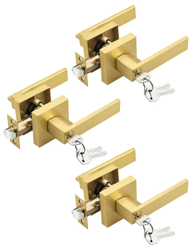 Tinewa 3 Pack Brushed Gold Entry Door Levers with Lock and Key, Satin Brass Keyed Alike Lockset Combo Pack, Entrance Door Handles for Office and Front Door, Door Knobs Lockset (Each with 3 Keys)