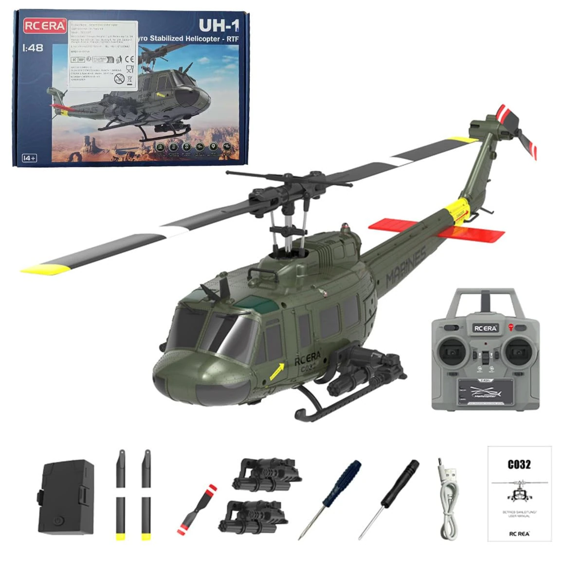 MasterBrickPlay C032 RC Helicopter, 1/48 Scale UH-1 Huey 2.4G 6CH Flybarless RC Military Aircraft Model, Helicopter Outdoor Games RC Flying Birthday Gifts - RTF