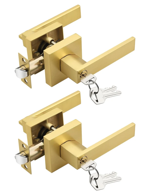 Tinewa 2 Pack Brushed Gold Entry Door Levers with Lock and Key, Satin Brass Entrance Door Handles, for Exterior or Interior Doors, Bedroom, Office, Hotel (Each with 3 Keys)