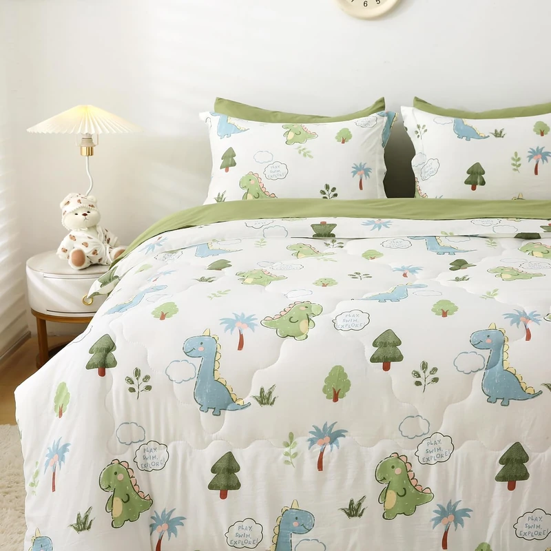 Wajade Kids Dinosaurs Comforter Set Bed in A Bag Queen Size 7 Piece Cute Green Dinosaur Jungle Bedding Set for Girls Boys (1 Comforter, 1 Flat Sheet, 1 Fitted Sheet, 2 Pillowcase and 2 Pillow Sham)